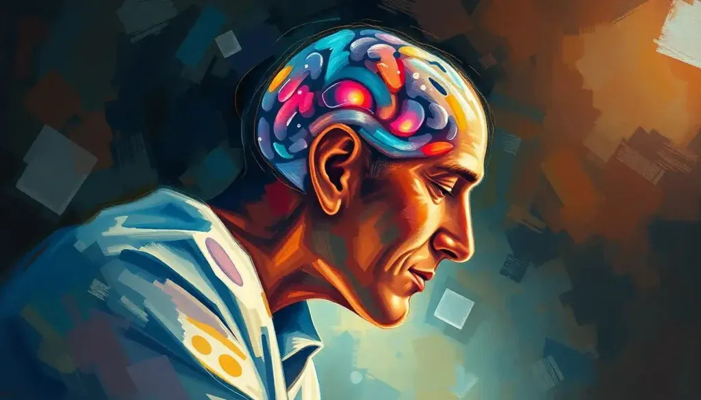 A painting showing a man with a bright, colorful brain, illustrating the concept of cognitive erosion and its impact on thought.