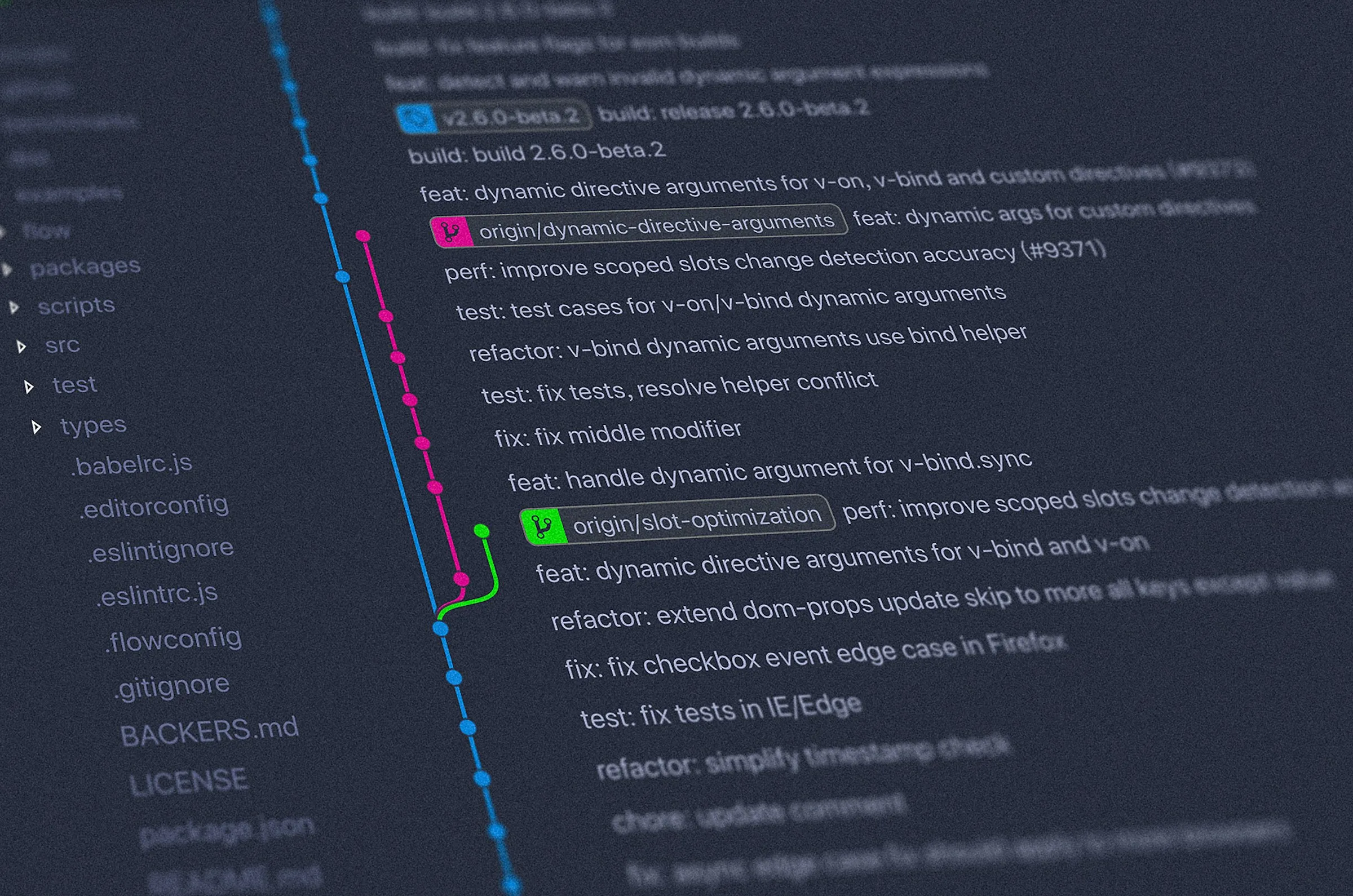 Visual representation of git history with contributions stats, featuring text highlighted in green and blue for clarity.