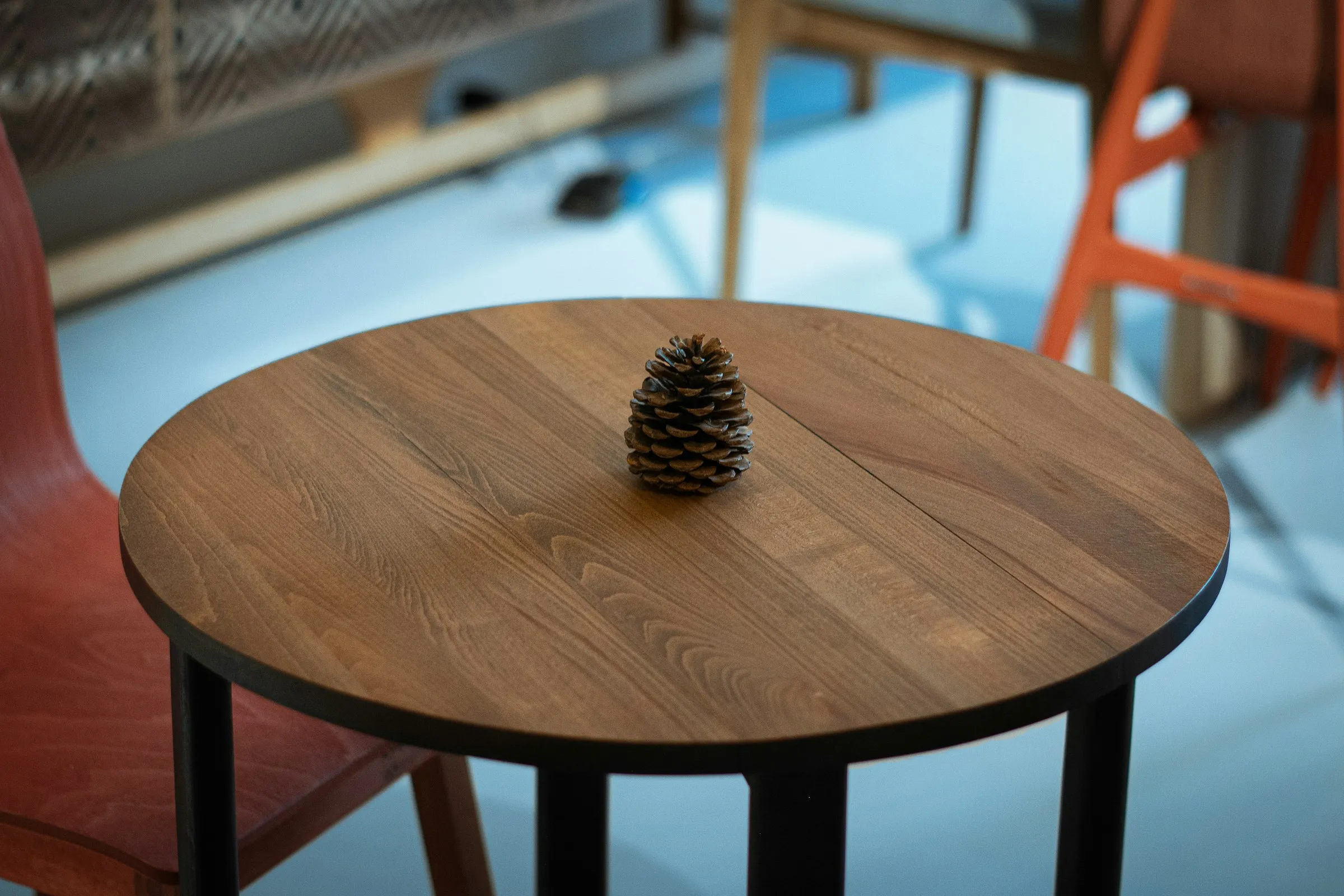 A wooden desk featuring a small green plant positioned on its surface.