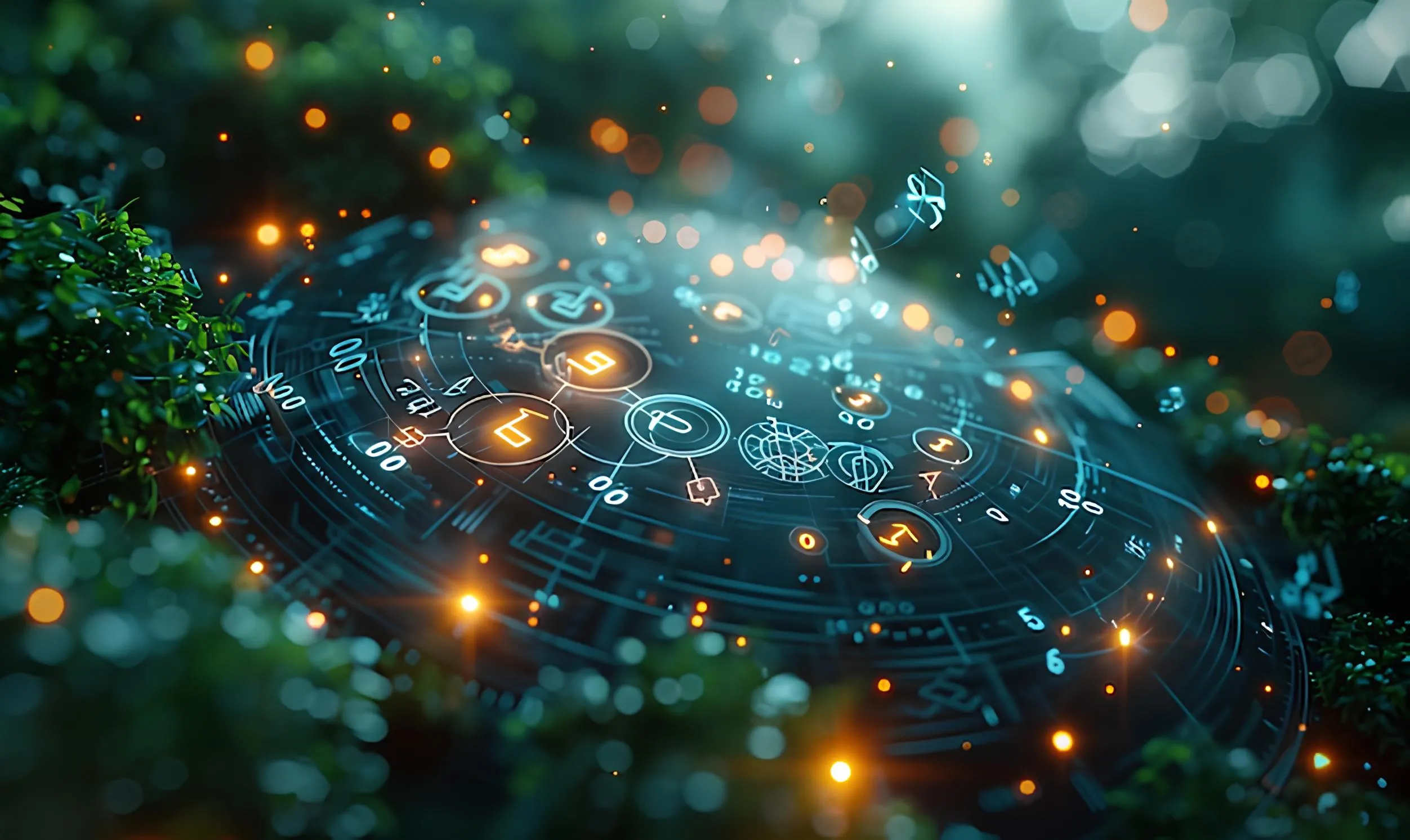 A digital display is framed by vibrant trees, creating a peaceful natural environment.